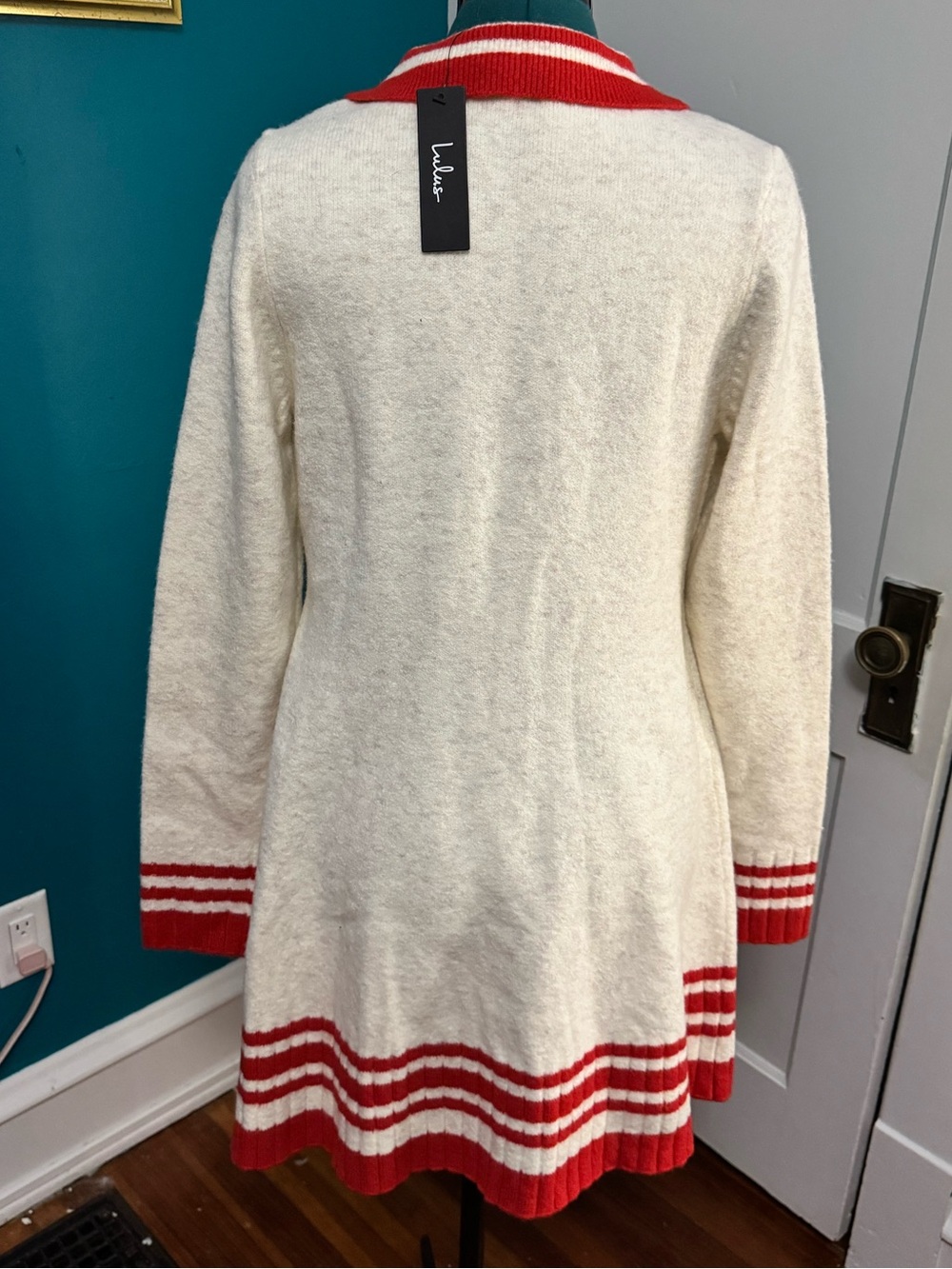 Lulu's Cream V-Neck Sweater Dress with Red Trim - Picture 2 of 8